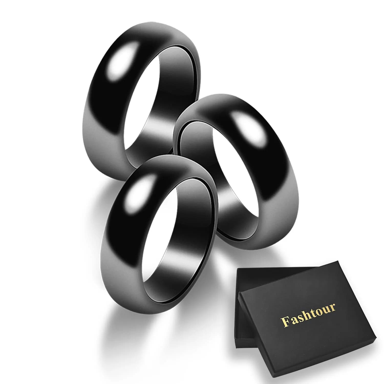 Fashtour Magnetic Hematite Rings, 3 Pack Black Rings for Men & Women 6mm Wide | Root Chakra Healing & Stress Relief