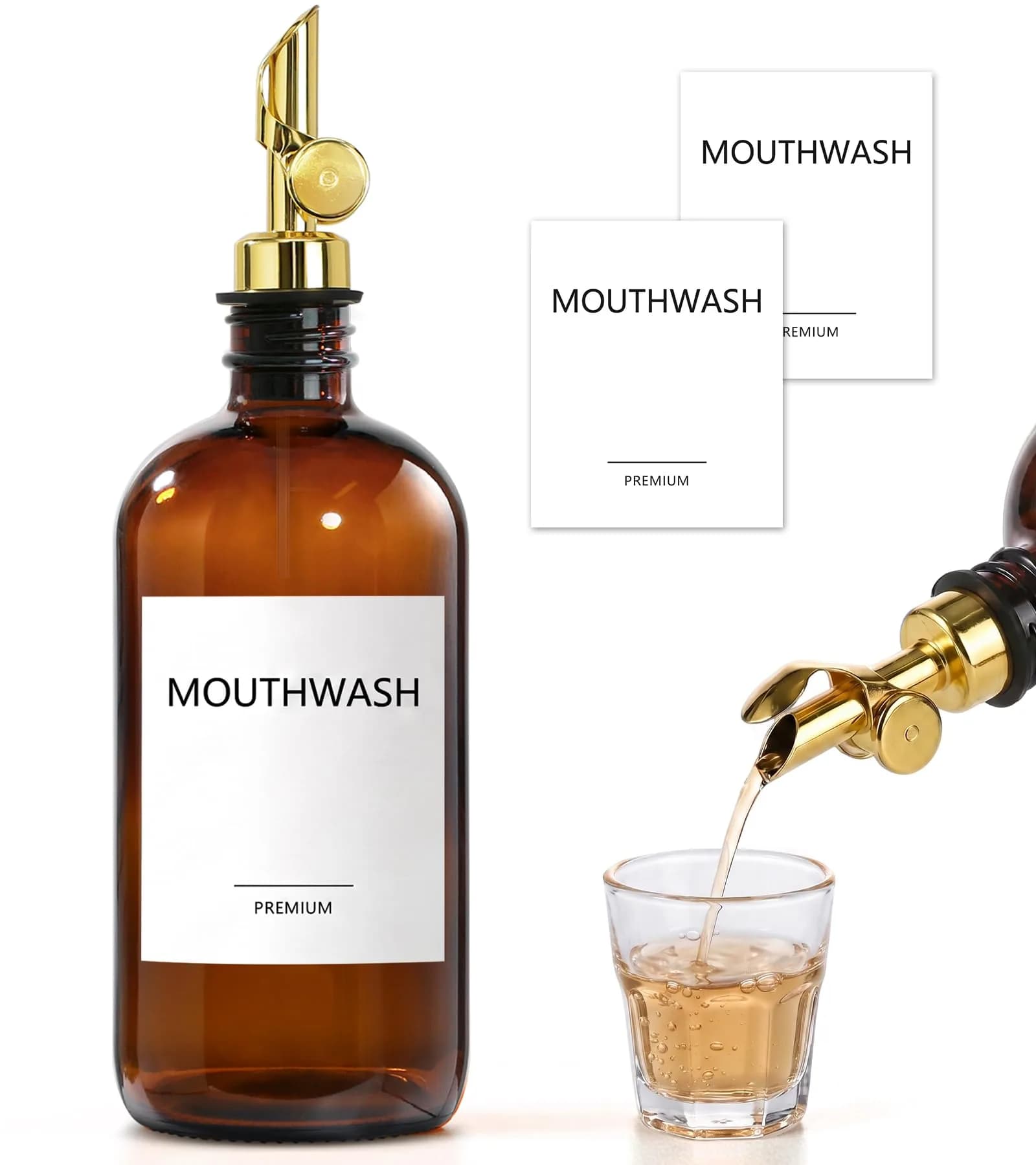 TOLDATLI Glass Mouthwash Dispenser 502ml (17 fl oz) with Auto-Flip Cap | Elegant Amber Bathroom Bottle - main product image