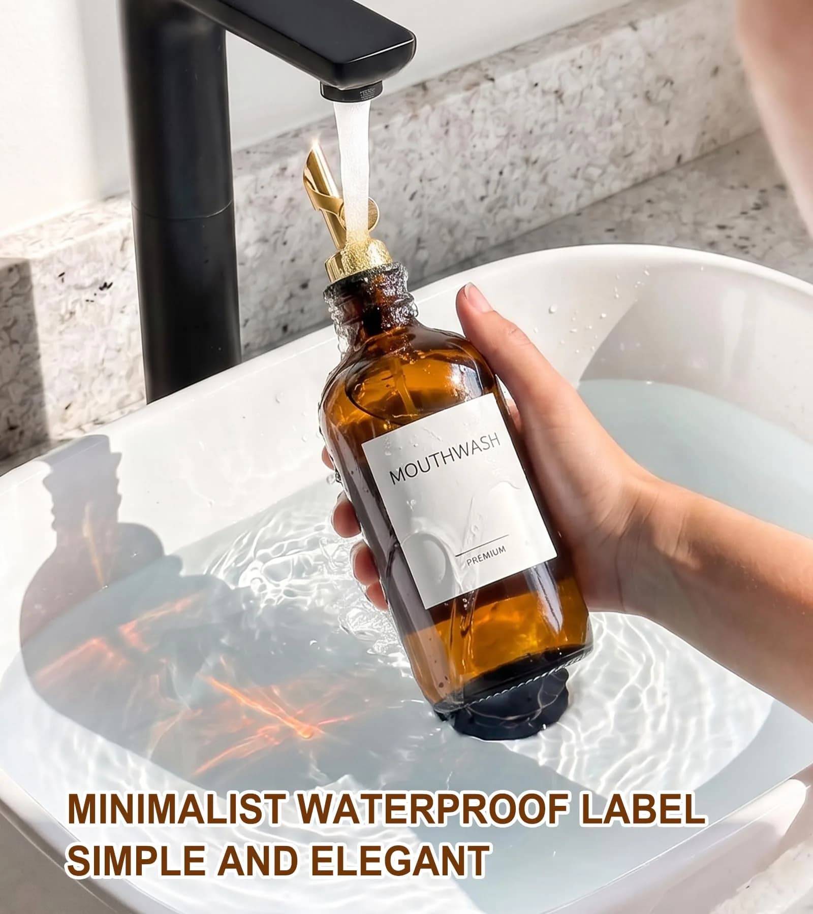 TOLDATLI Glass Mouthwash Dispenser 502ml (17 fl oz) with Auto-Flip Cap | Elegant Amber Bathroom Bottle - view 5