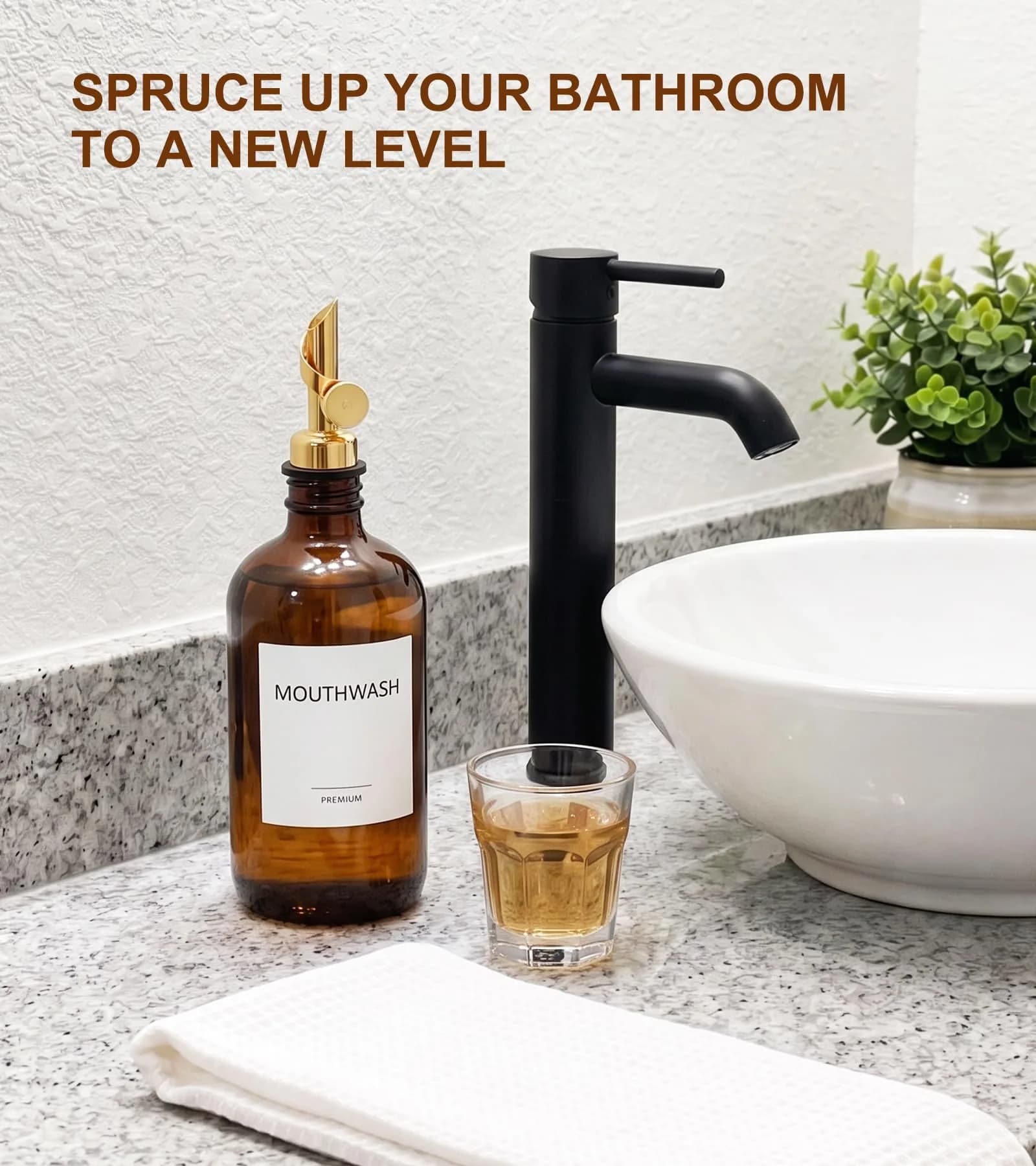 TOLDATLI Glass Mouthwash Dispenser 502ml (17 fl oz) with Auto-Flip Cap | Elegant Amber Bathroom Bottle - view 7