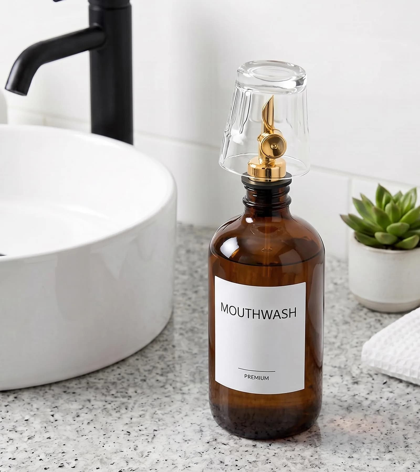TOLDATLI Glass Mouthwash Dispenser 502ml (17 fl oz) with Auto-Flip Cap | Elegant Amber Bathroom Bottle - view 8