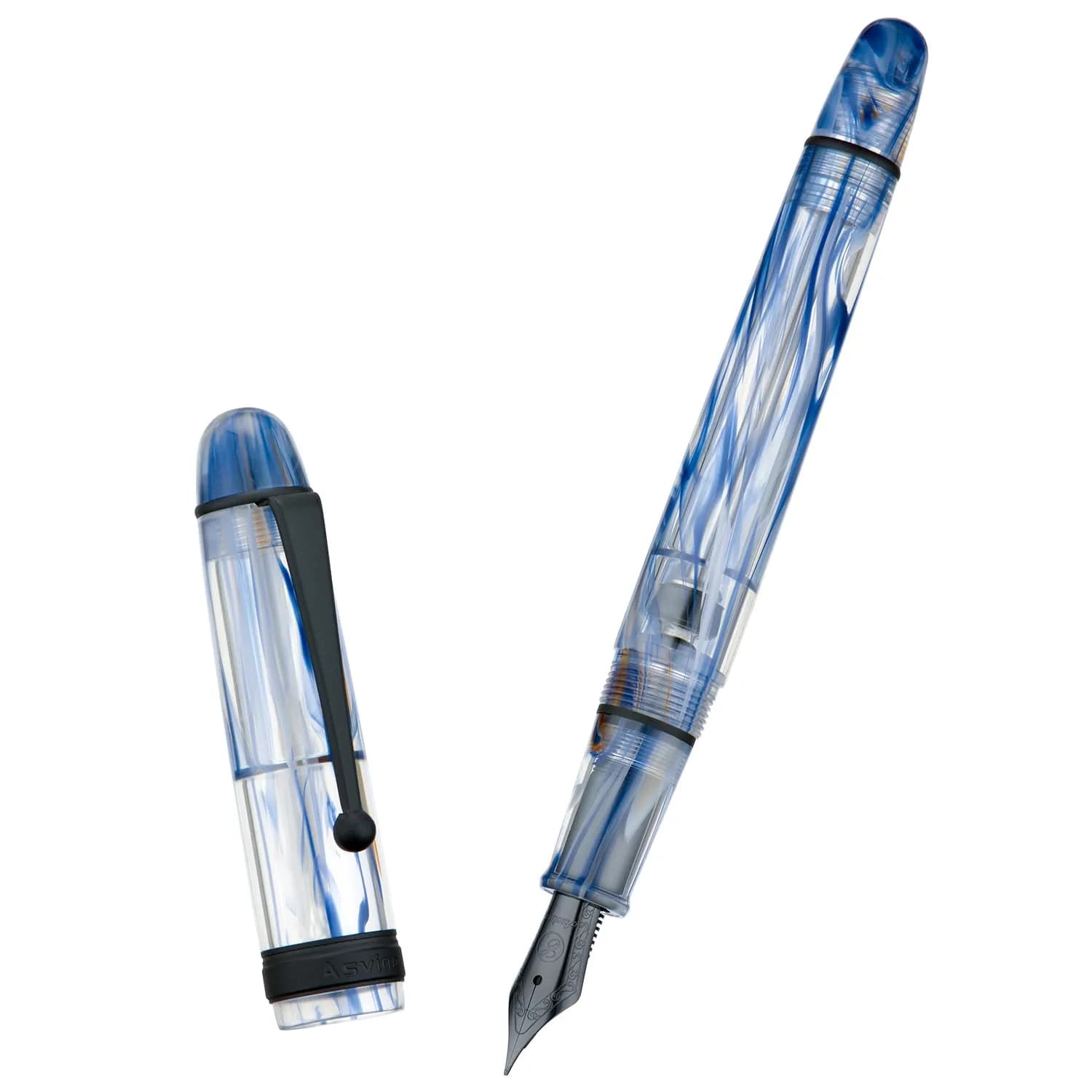 Asvine V126 Vacuum Filling Fountain Pen Extra Fine Nib, Blue Swirl Acrylic, 148mm (5.8in) | Smooth Ink Flow for Daily Writing - view 2