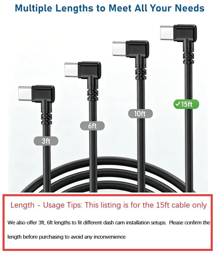 Gonifeto USB C to USB C Dash Cam Power Cord 15Ft | Thick Copper Shielding & 90° Angle thumbnail 7