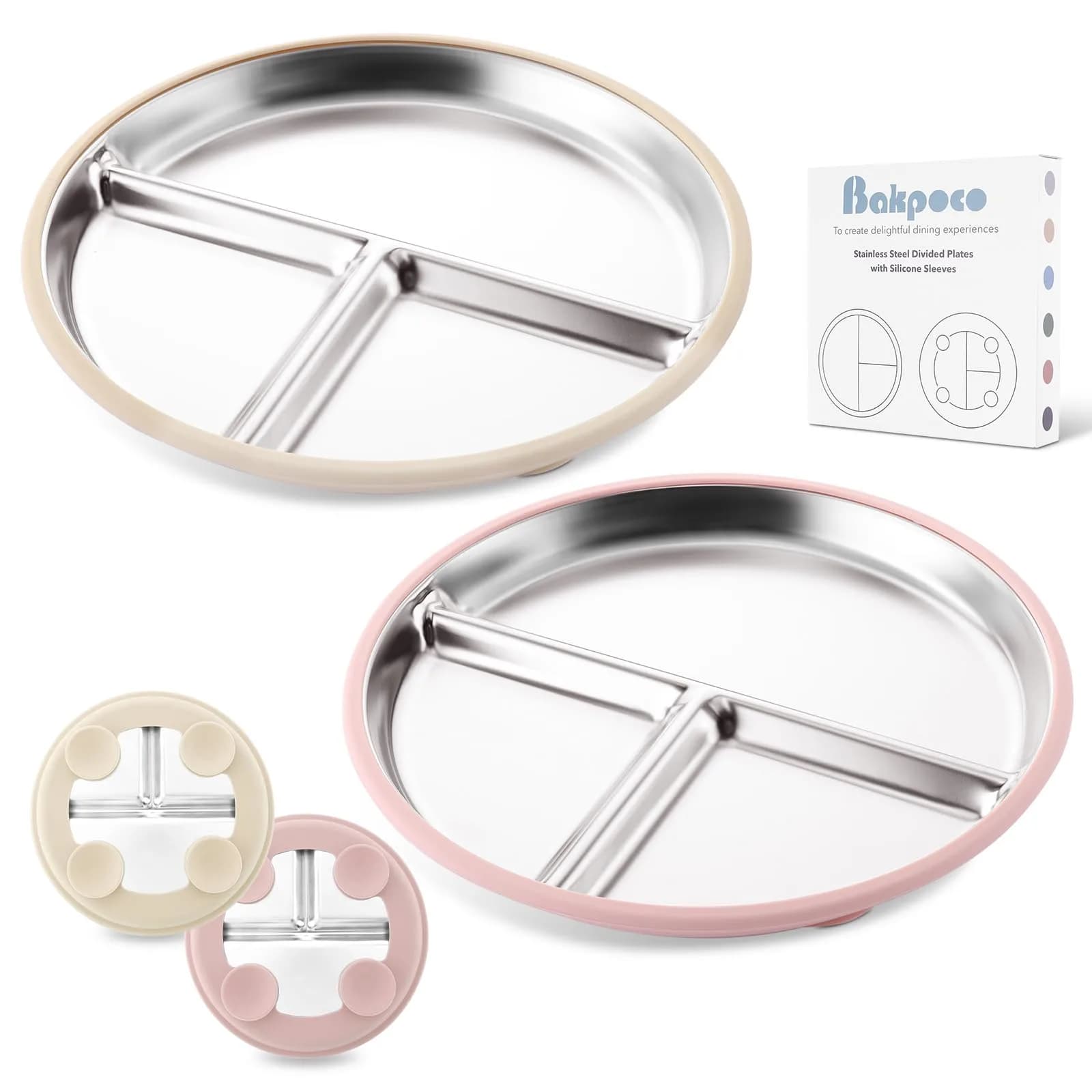 Bakpoco Stainless Steel Suction Plates for Toddlers 9" Divided Portion Control Snack Dishes with Silicone Suction Base, 4 Pack, Blue Green Purple Beige — Blue & Gray