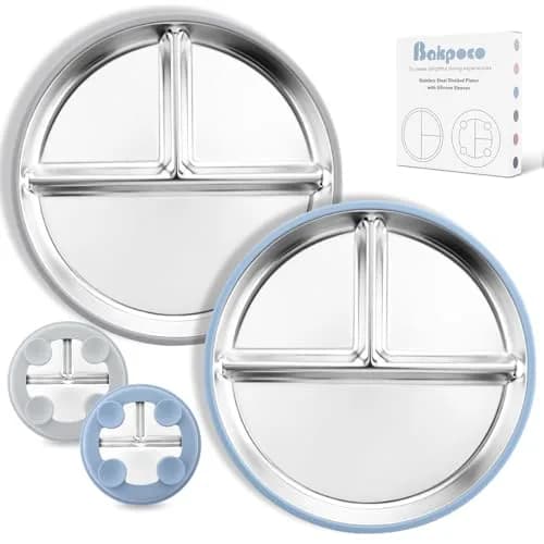 Bakpoco Stainless Steel Toddler Plate with Suction, 9” Divided | BPA-Free & Unbreakable, Non Slip, 2-Pack, Blue & Gray thumbnail 1