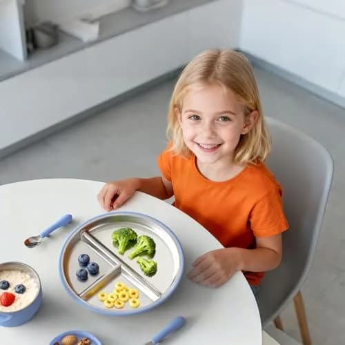 Bakpoco Stainless Steel Toddler Plate with Suction, 9” Divided | BPA-Free & Unbreakable, Non Slip, 2-Pack, Blue & Gray thumbnail 6