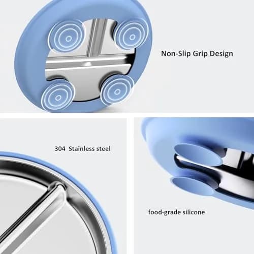 Bakpoco Stainless Steel Toddler Plate with Suction, 9” Divided | BPA-Free & Unbreakable, Non Slip, 2-Pack, Blue & Gray thumbnail 7