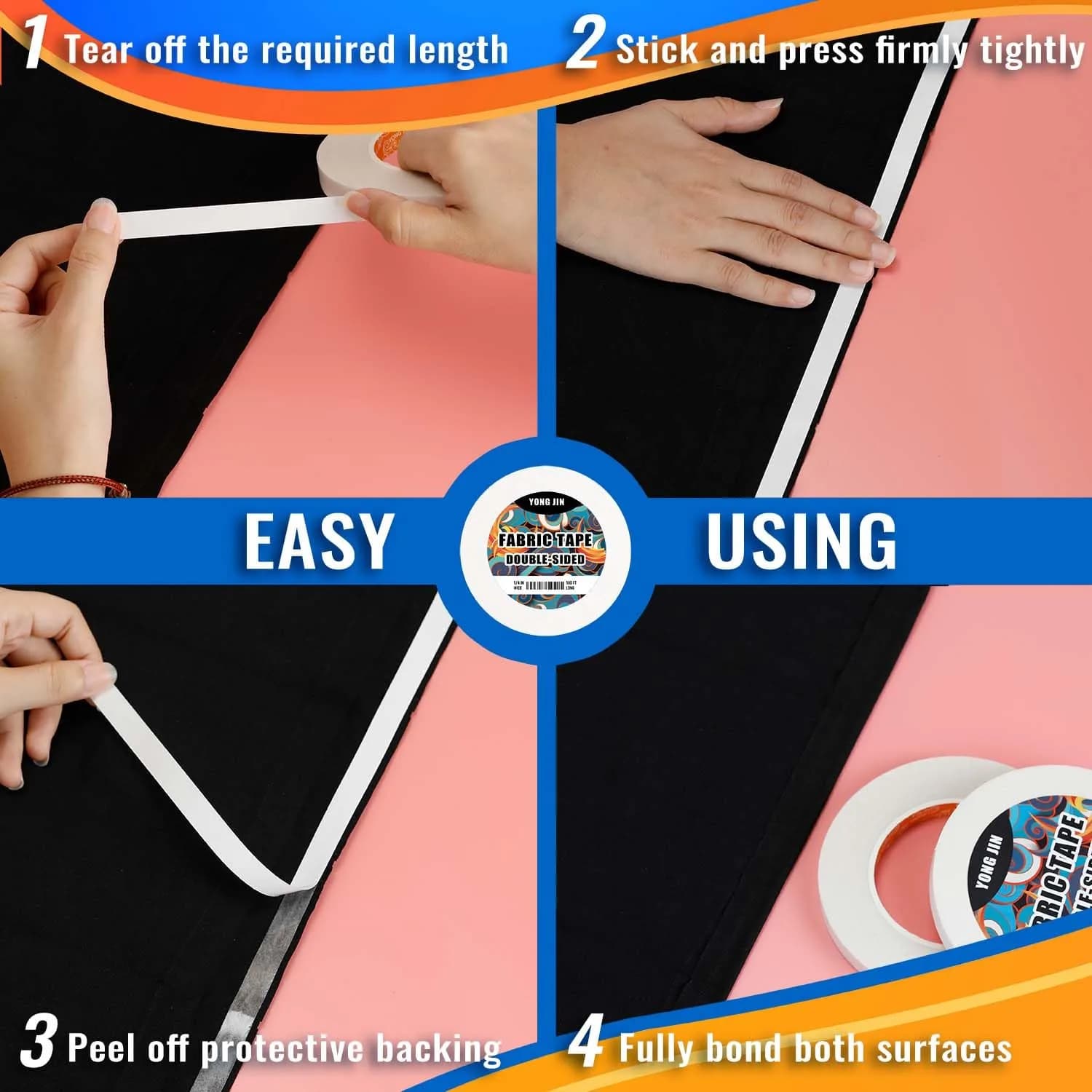 YONGJIN Double-Sided Fabric Tape (2 Rolls) - No Sewing or Ironing Required, 2/5inch + 1inch Widths - view 7
