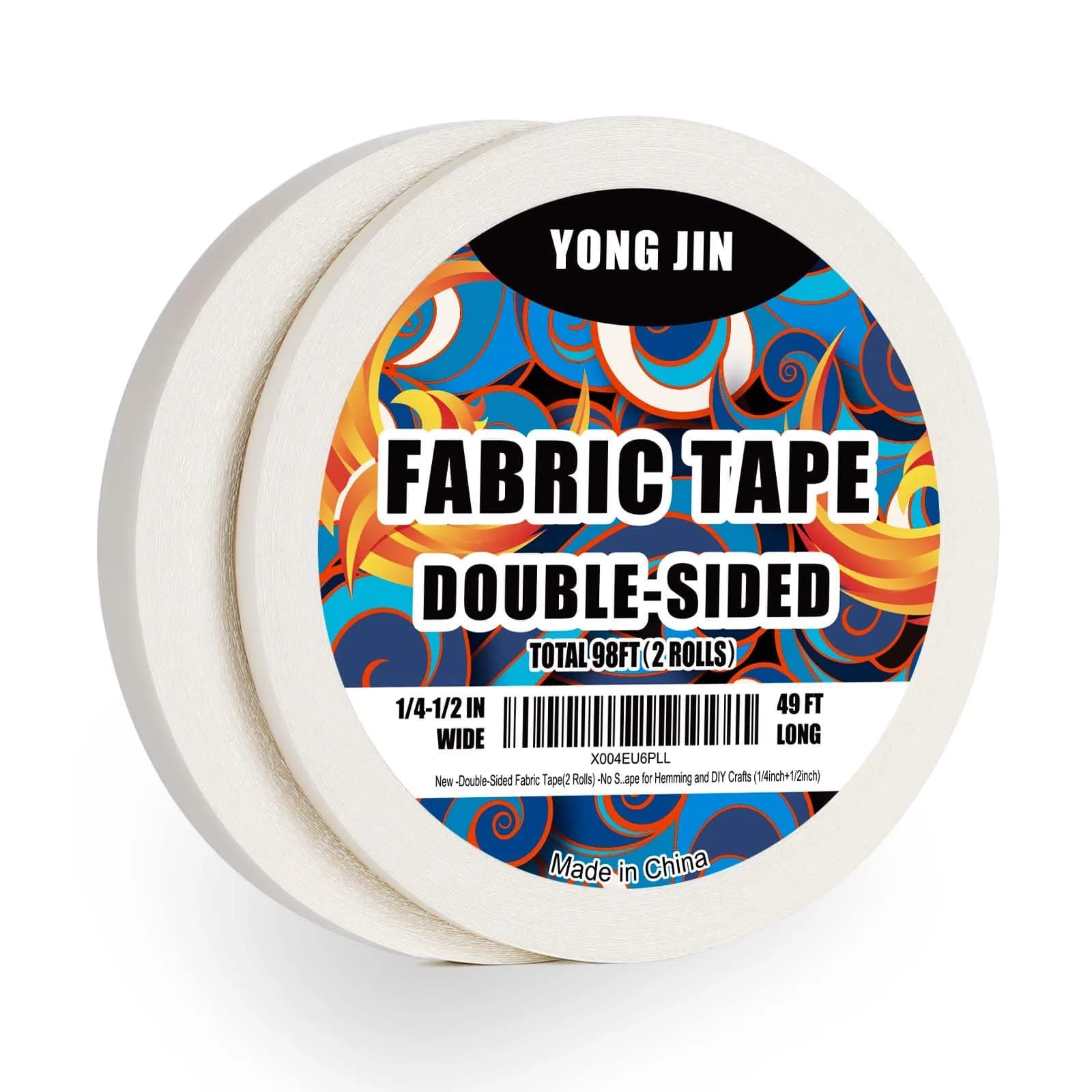 YONGJIN Double-Sided Fabric Tape (2 Rolls) — 1/4 inch & 1/2 inch Widths | No-Sew Hemming & Crafting