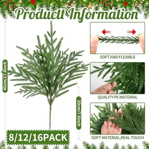 Palonu 12 PCS Artificial Norfolk Pine Branch 45cm (18 Inches) | Realistic Faux Greenery for Christmas Decor thumbnail 2