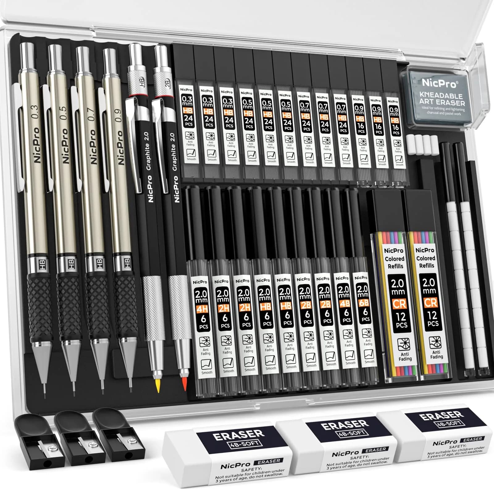 Nicpro Mechanical Pencil Set with 35PCS Art Leads, Erasers & Sharpeners | 0.5/0.7/0.9/2.0mm Fine Point — Black / 0.3 0.5 0.7 0.9 2.0