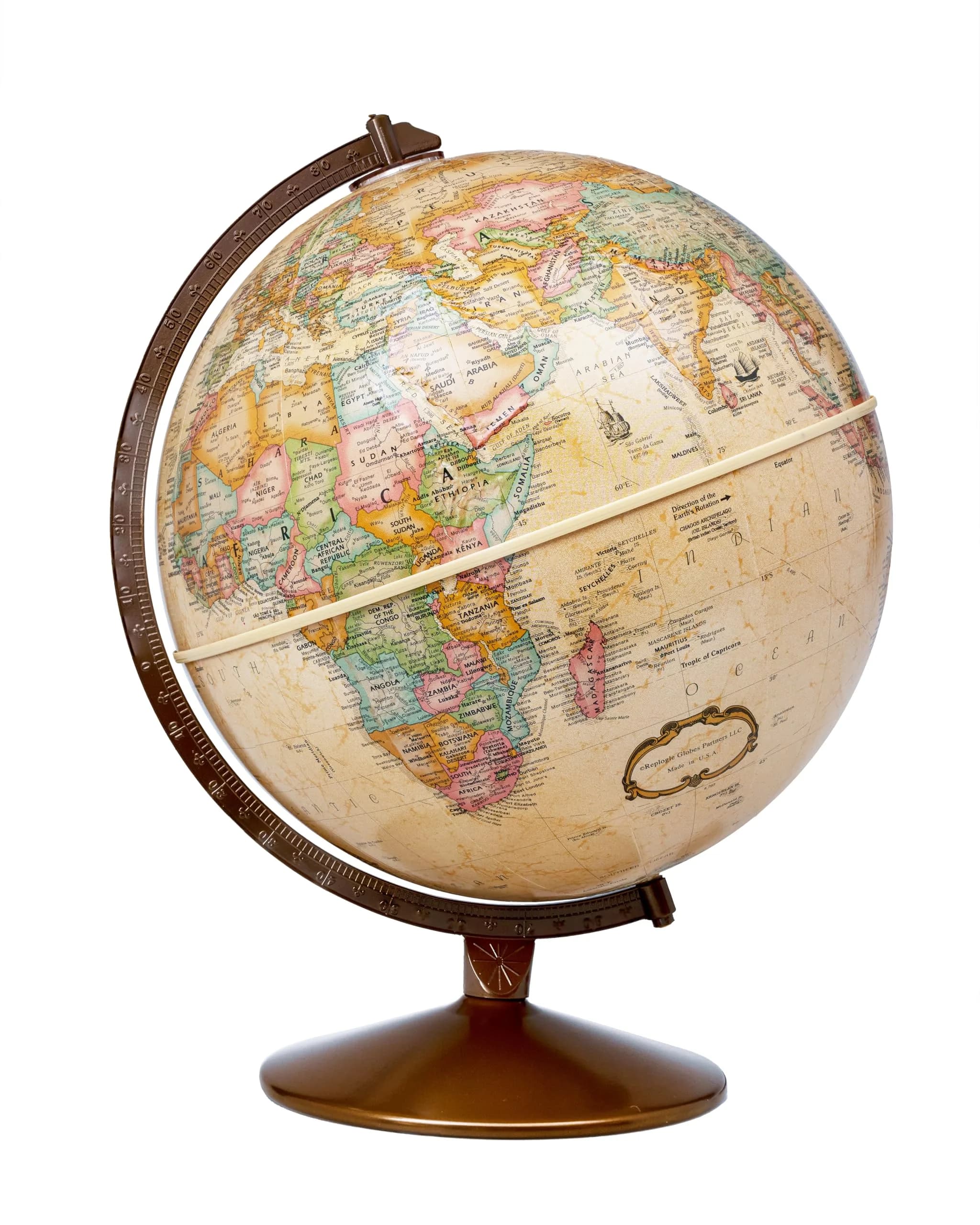 Replogle Franklin World Globe 12" Diameter Raised Relief Antique Ocean | U.S. Cartography — Ready To Assemble