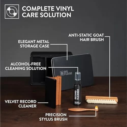 Big Fudge Vinyl Record Cleaning Kit - Collector's Edition - 100% Sapele Wood Vinyl Accessories - Velvet Vinyl Record Cleaner, Anti-Static Vinyl Brush, Stylus Brush and Vinyl Cleaner Solution w/Case thumbnail 2