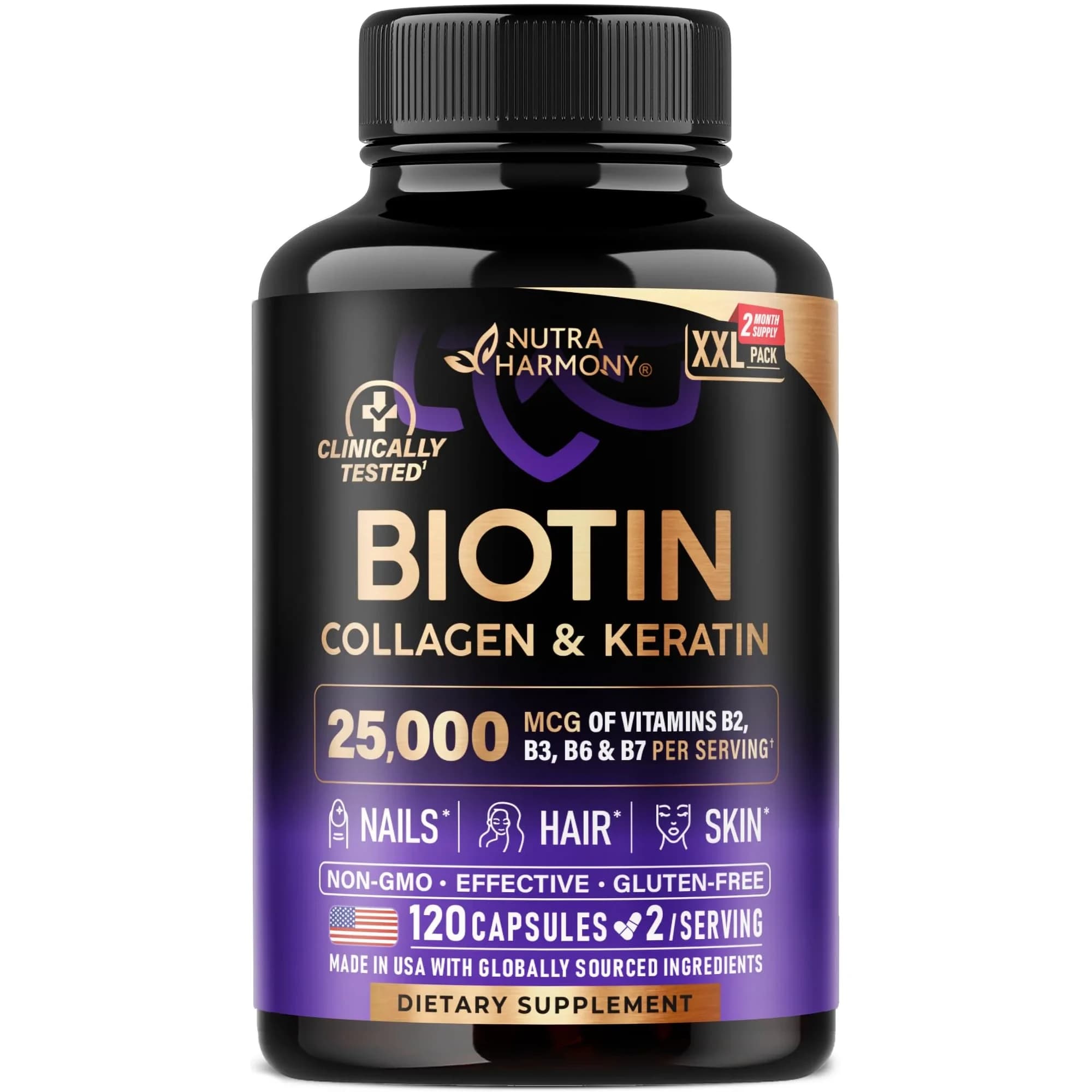 NUTRAHARMONY Biotin, Collagen, Hyaluronic Acid & Keratin Hair Growth Support 120 Capsules | 25,000 mcg Vitamins B1, B2, B3, B6 & B7 — Pack of 1