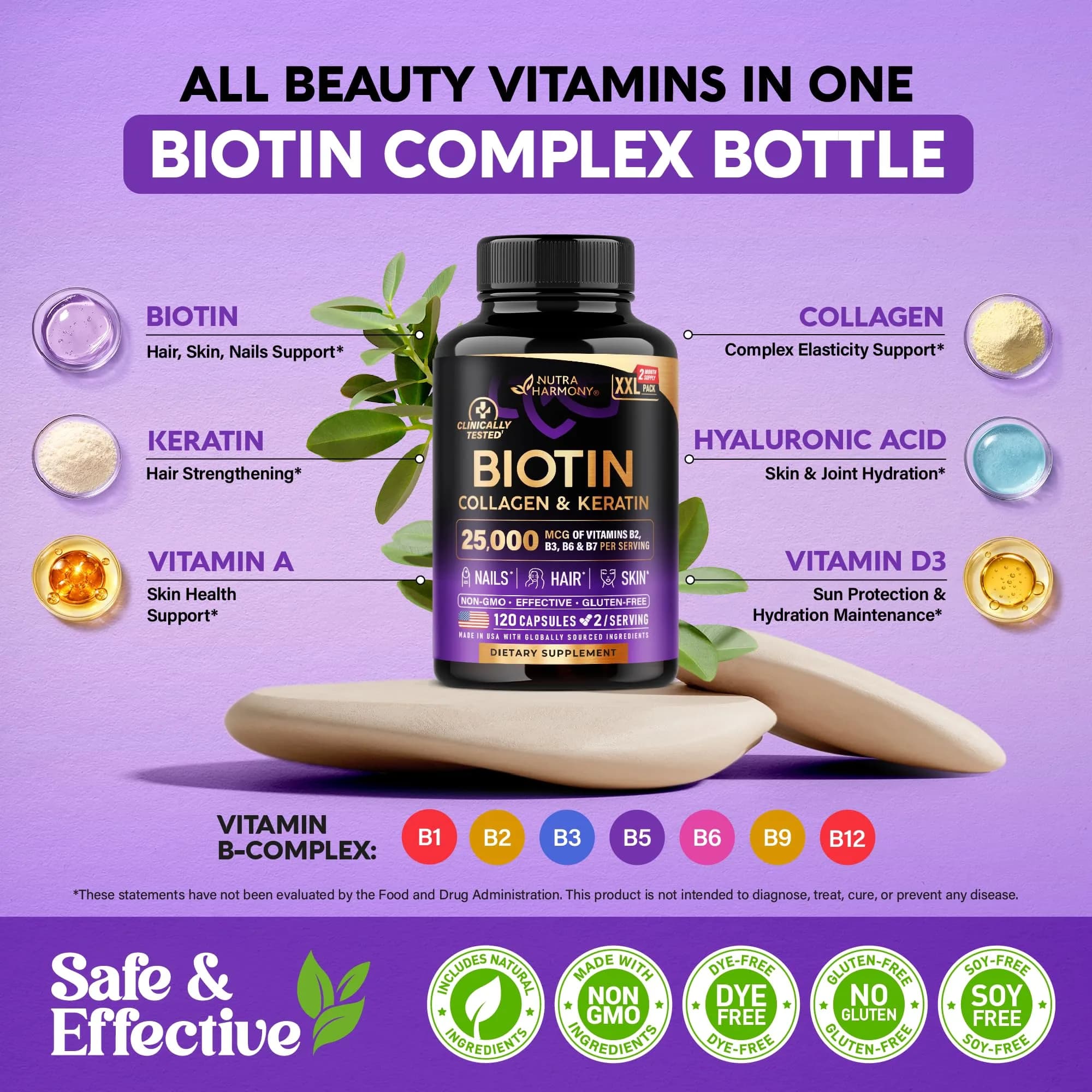 NUTRAHARMONY Biotin Collagen Keratin Hyaluronic Acid Capsules | Supports Hair Growth, Skin & Nails (120 Count) - view 3