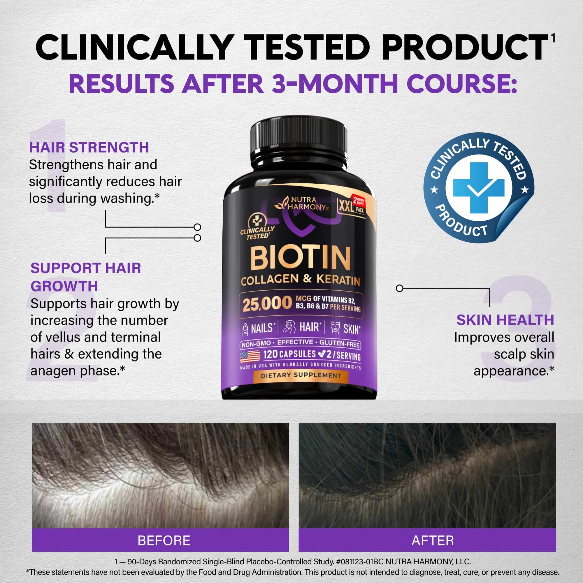 NUTRAHARMONY Biotin Collagen Keratin Hyaluronic Acid Capsules | Supports Hair Growth, Skin & Nails (120 Count) - view 4