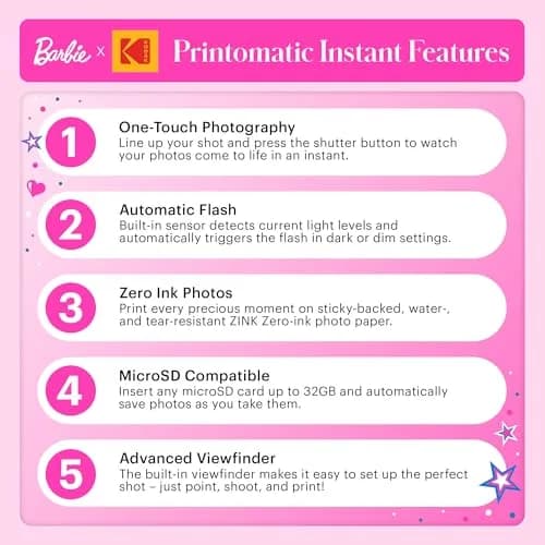 Kodak Printomatic Barbie Edition Instant Camera - 5MP Prints 2x3” Sticky-Back Photos | Auto-Focus, Built-in Flash, Color thumbnail 6