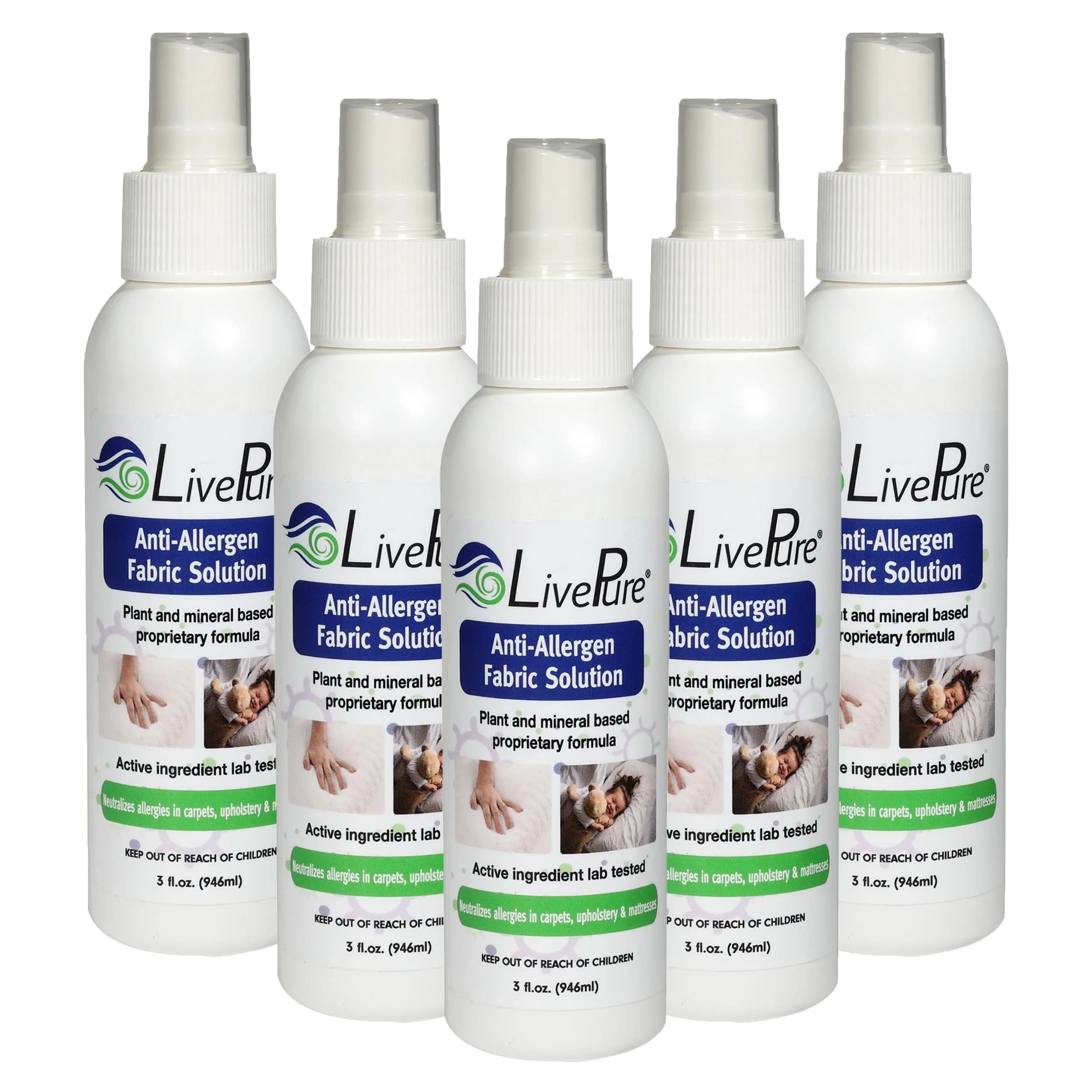 LivePure Anti-Allergen Fabric Spray 74ml (3 Fl Oz) 5-Pack | Plant-Based Allergy Relief for Dust Mites & Pet Dander