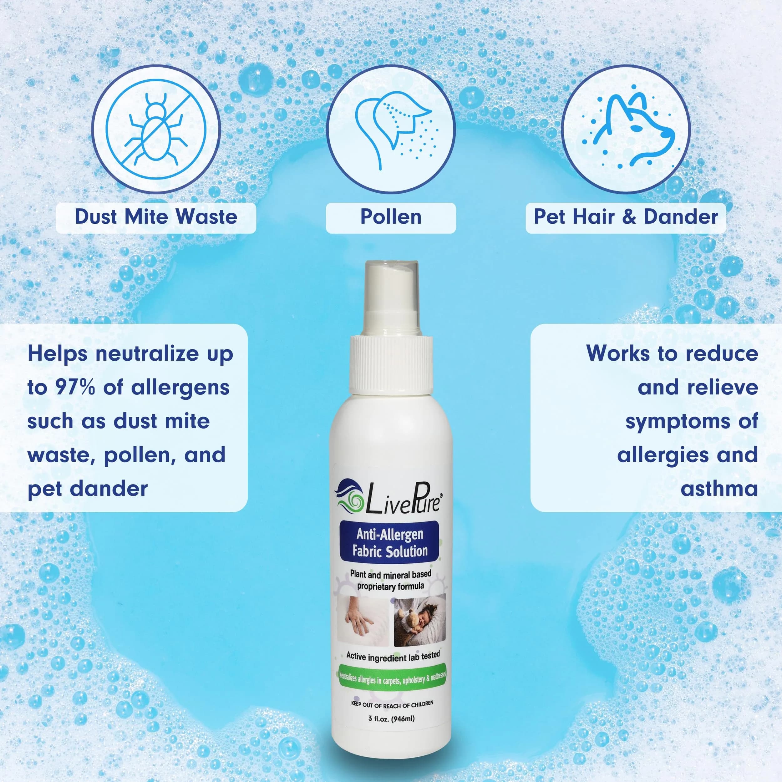 LivePure Anti-Allergen Fabric Spray 74ml (3 Fl Oz) 5-Pack | Plant-Based Allergy Relief for Dust Mites & Pet Dander - view 3