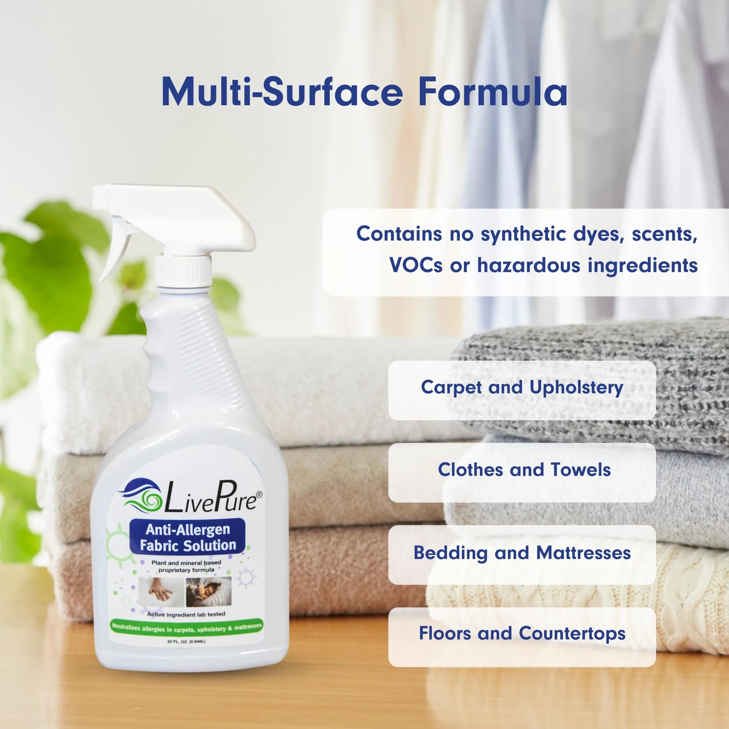 LivePure Anti-Allergen Fabric Spray 1893ml (64 Fl Oz) | Plant & Mineral-Based Formula for Household Surfaces - view 4