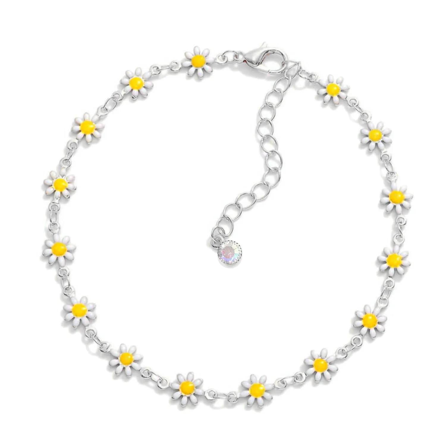 VAMA Silver Adjustable White Daisy Flower Anklet Chain for Women | Metal, Medium — Silver