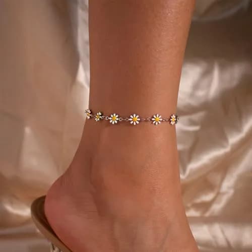 VAMA Silver Adjustable White Daisy Flower Anklet Chain for Women | Metal, Medium thumbnail 2