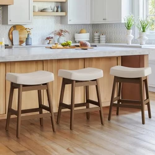 Cozyman Set of 3 Counter Height Farmhouse Barstools | Antique White Leather, 24 Inch | Sturdy Wood Legs thumbnail 1