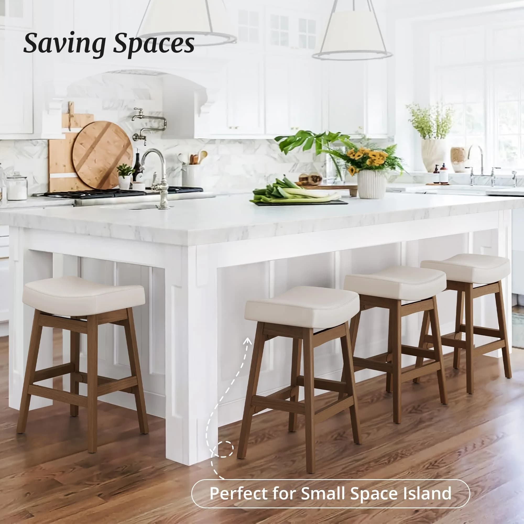 Cozyman Set of 3 Counter Height Farmhouse Barstools | Antique White Leather, 24 Inch | Sturdy Wood Legs thumbnail 5