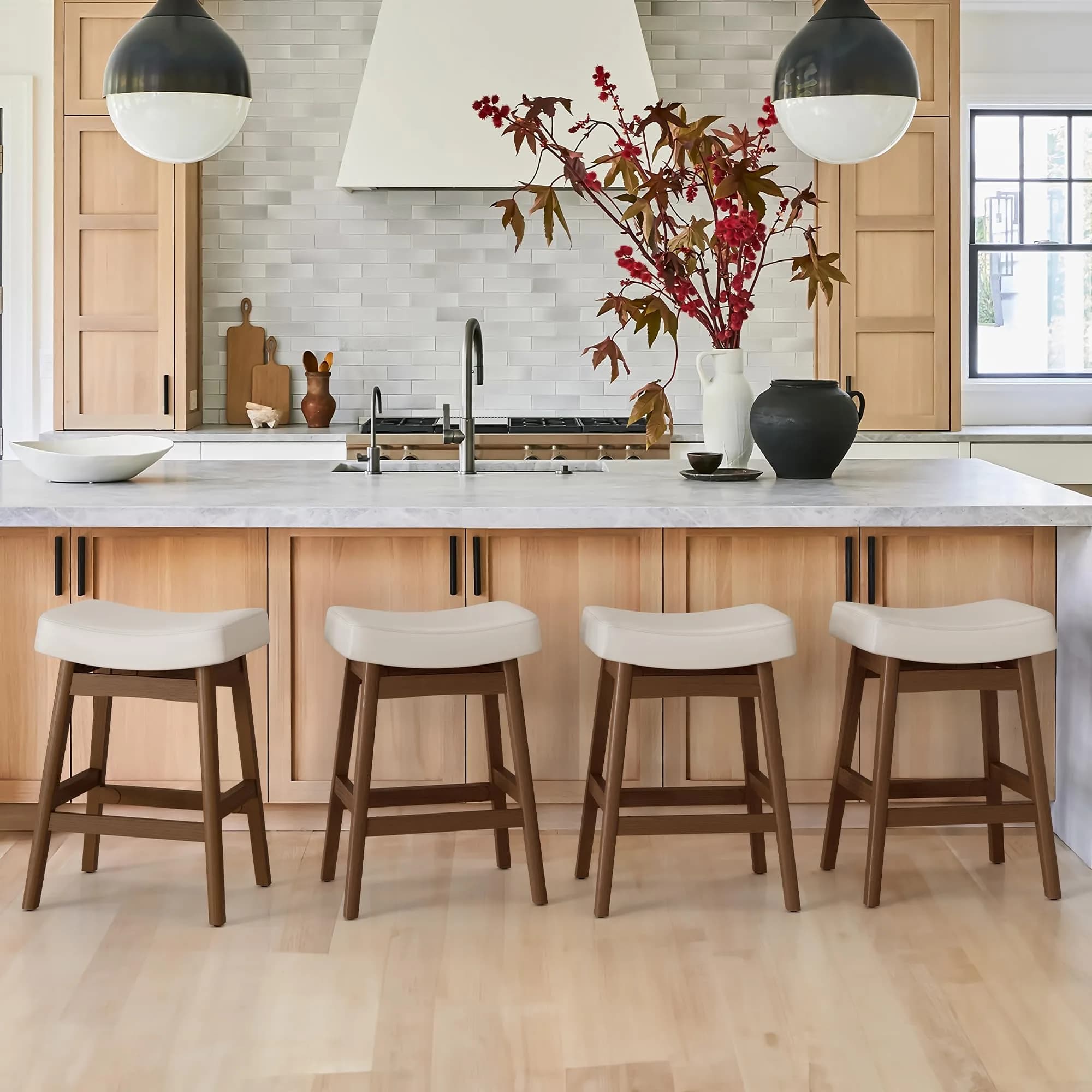 Cozyman Set of 3 Counter Height Farmhouse Barstools | Antique White Leather, 24 Inch | Sturdy Wood Legs thumbnail 6