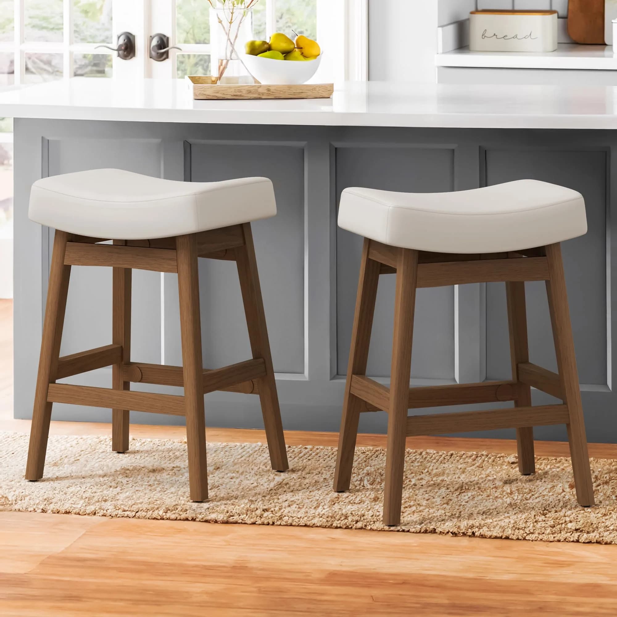 Cozyman Set of 3 Counter Height Farmhouse Barstools | Antique White Leather, 24 Inch | Sturdy Wood Legs thumbnail 7