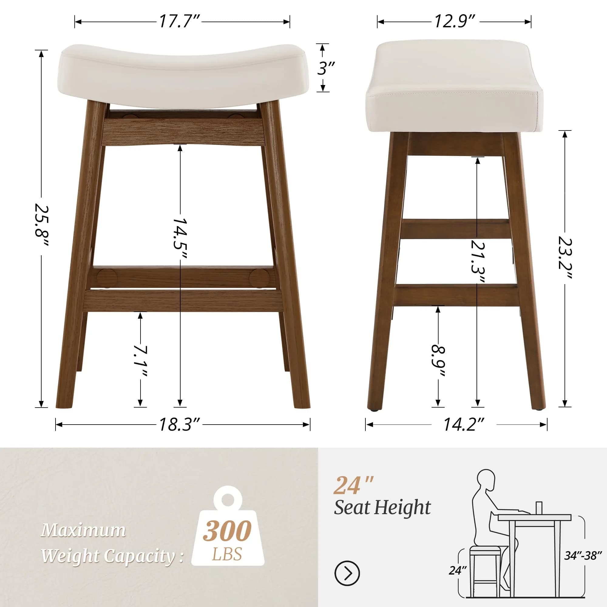 Cozyman Set of 3 Counter Height Farmhouse Barstools | Antique White Leather, 24 Inch | Sturdy Wood Legs thumbnail 2