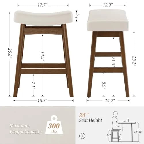 Cozyman Set of 3 Counter Height Farmhouse Barstools | Antique White Leather, 24 Inch | Sturdy Wood Legs thumbnail 2