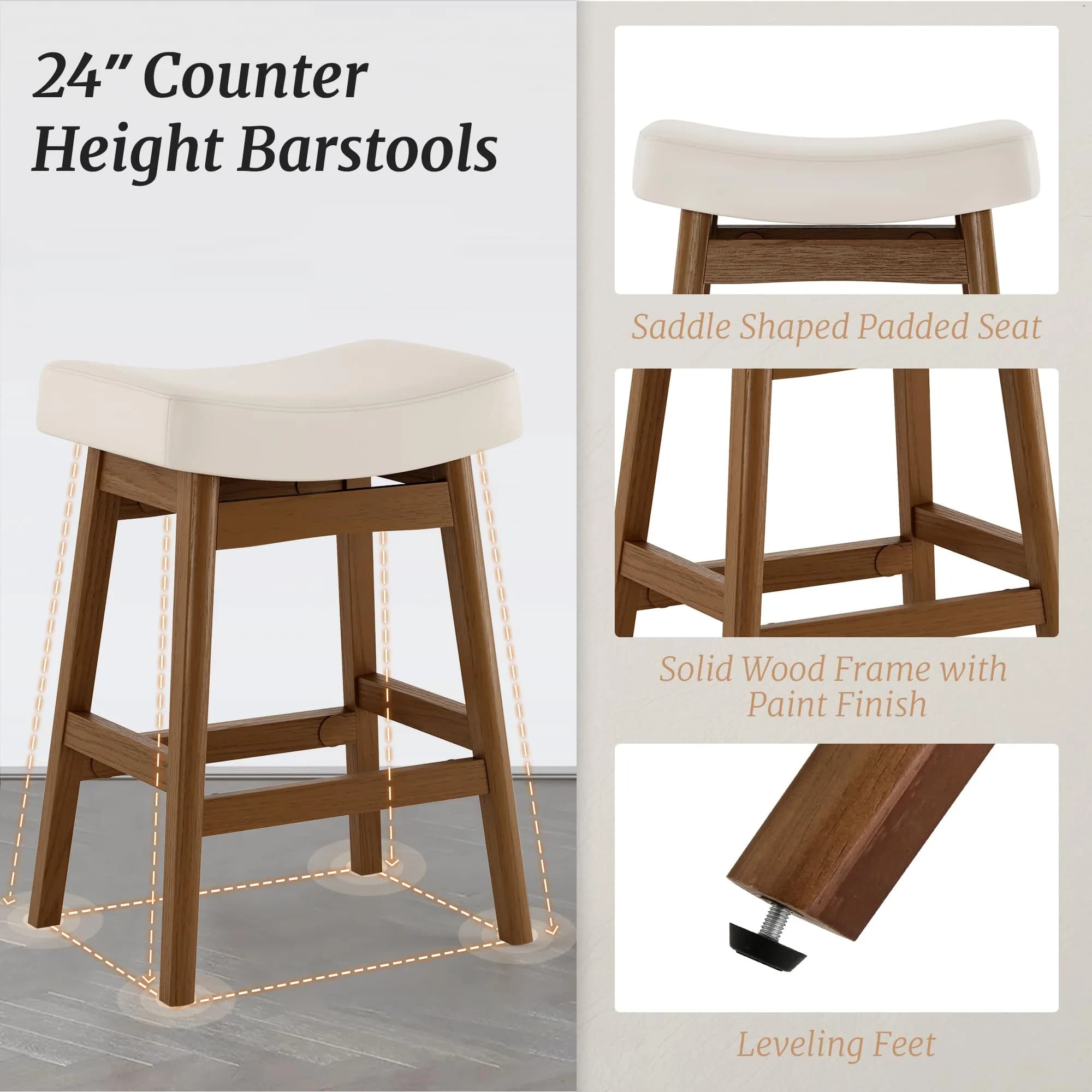 Cozyman Set of 3 Counter Height Farmhouse Barstools | Antique White Leather, 24 Inch | Sturdy Wood Legs thumbnail 3