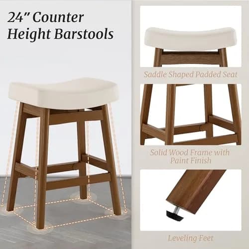 Cozyman Set of 3 Counter Height Farmhouse Barstools | Antique White Leather, 24 Inch | Sturdy Wood Legs thumbnail 3