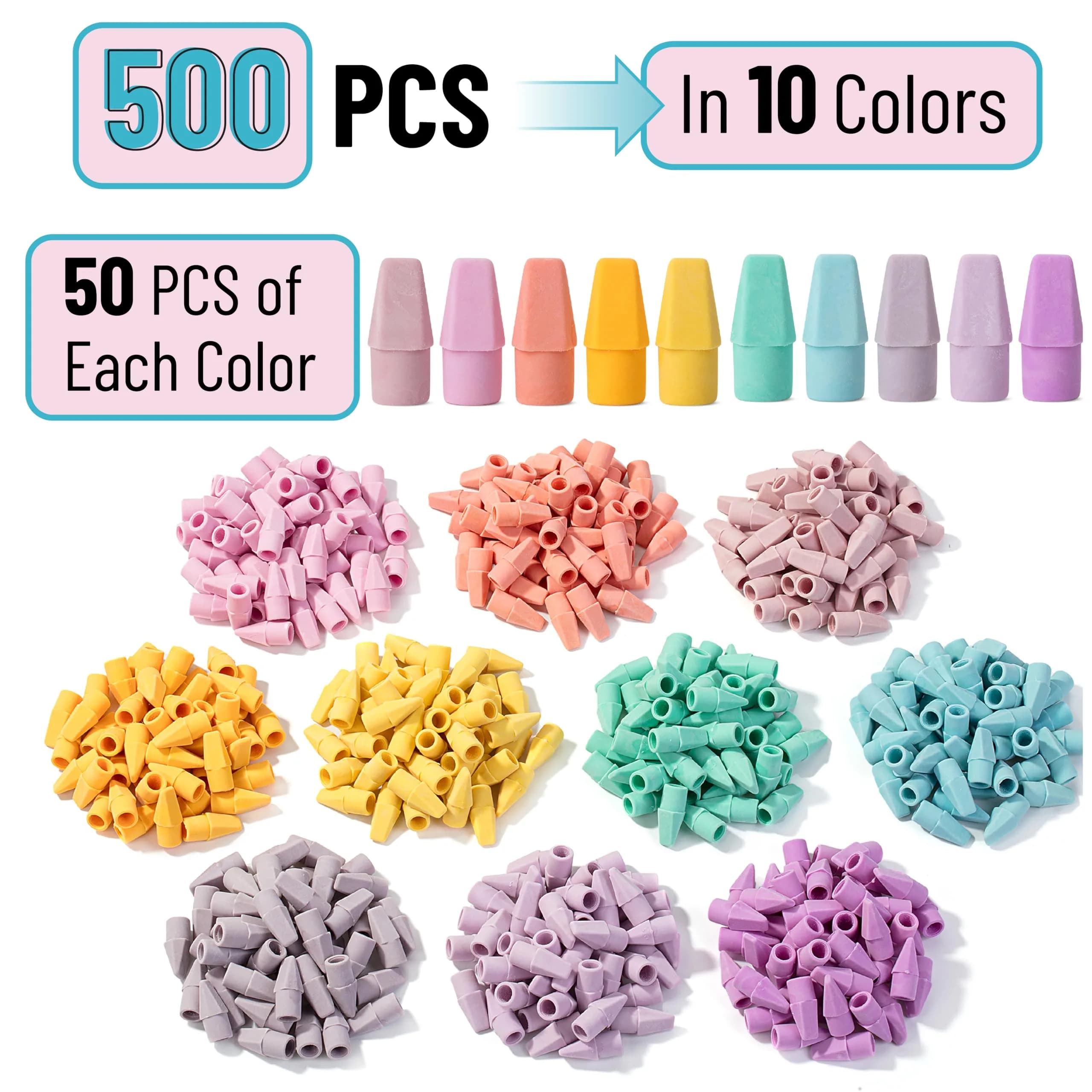 Mr. Pen Pastel Pencil Eraser Toppers, 500 Pack, Latex Free, Non-Smudge | Bulk Value Pack Erasers for Students - view 2