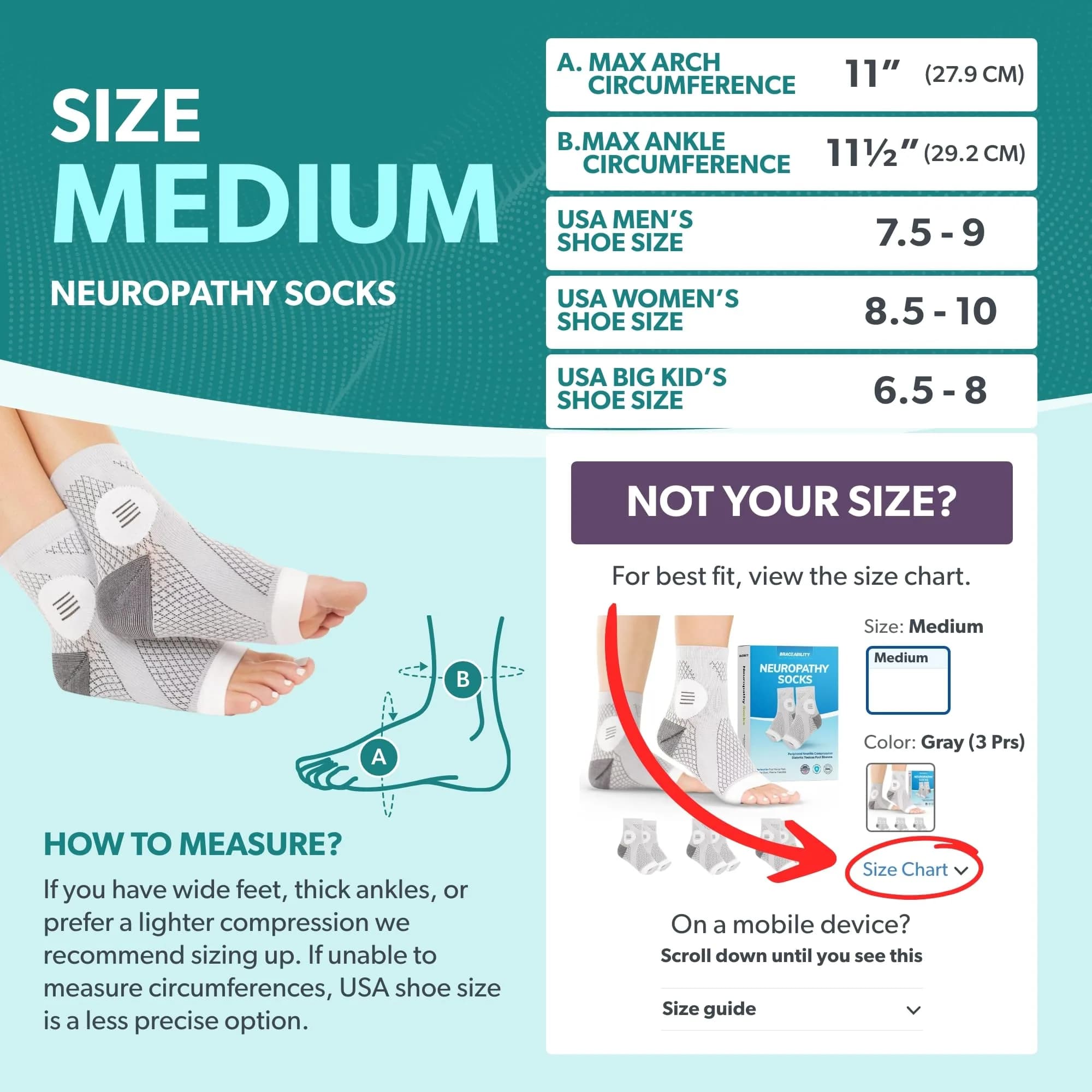 BraceAbility Neuropathy Socks - Medium, Gray, 3 Pairs | Nerve Pain Relief Foot Sleeves - view 2