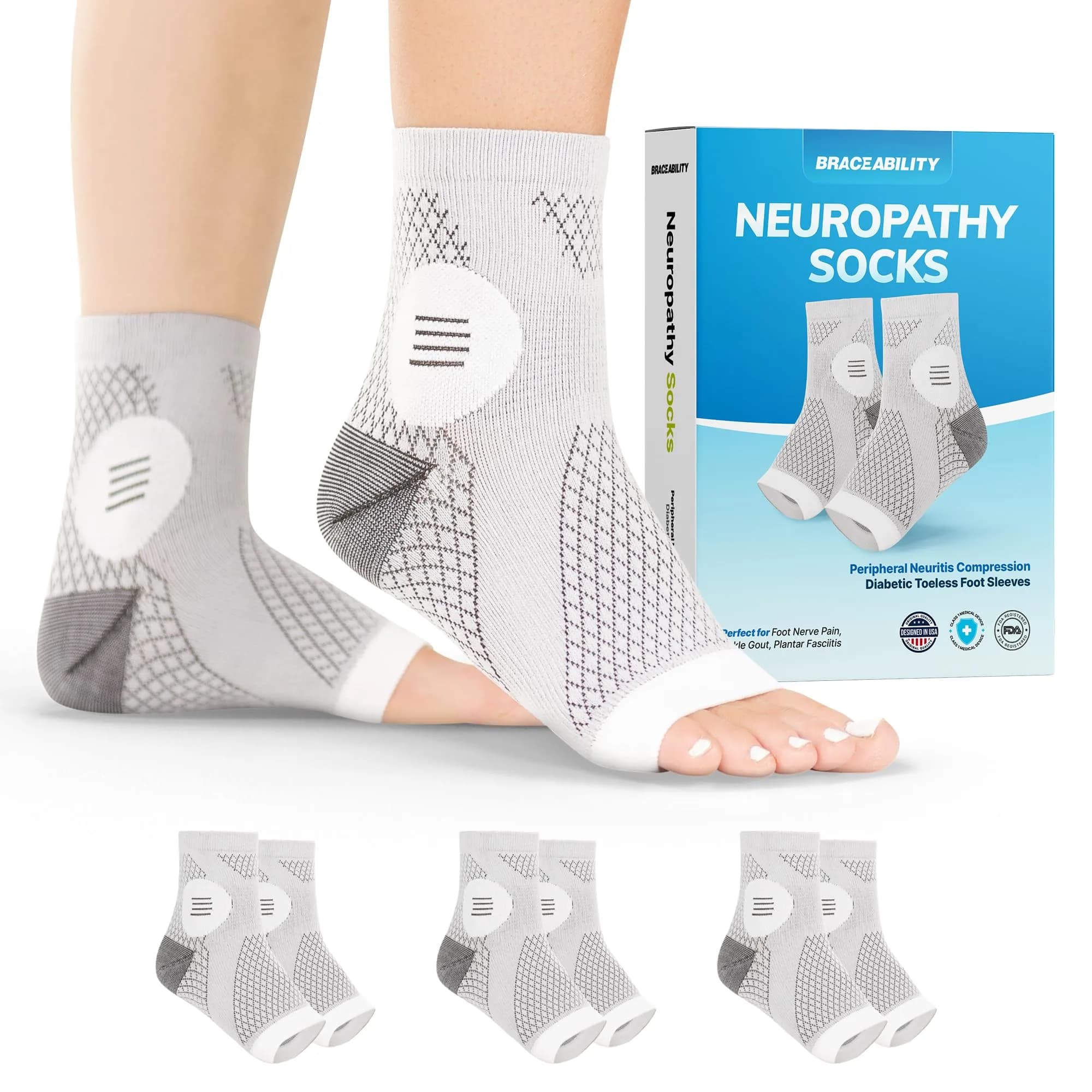 BraceAbility Neuropathy Socks - Large, Gray, 3 Pairs | Medical Compression for Nerve Pain - main product image
