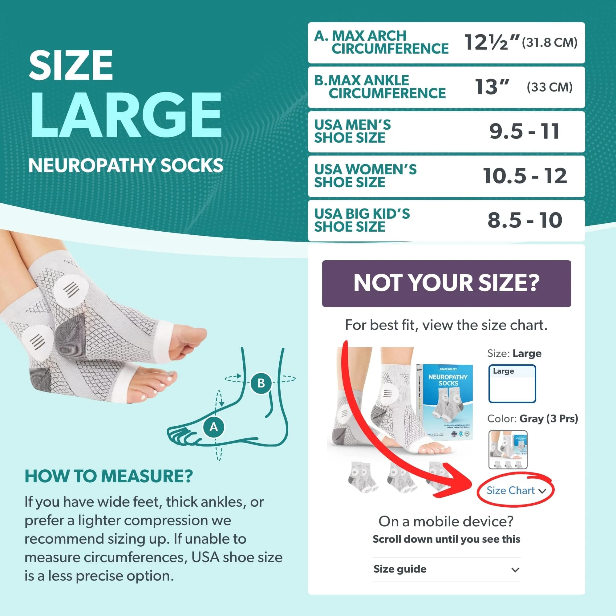 BraceAbility Neuropathy Socks - Large, Gray, 3 Pairs | Medical Compression for Nerve Pain - view 2