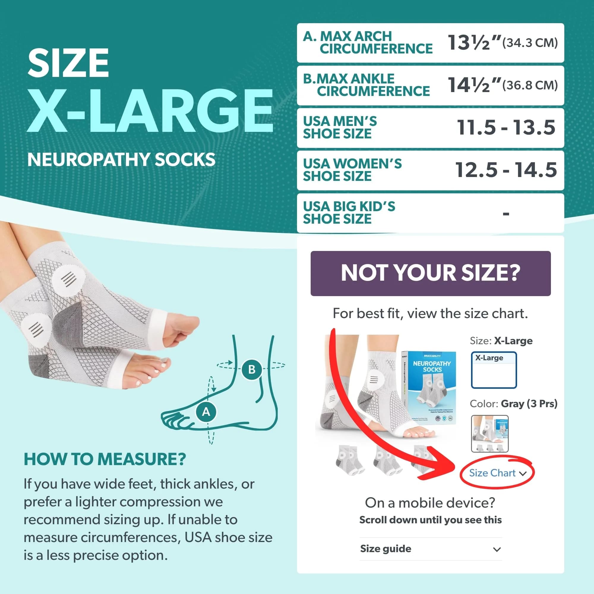 BraceAbility Neuropathy Socks X-Large Gray - 3 Pairs | FDA Approved Medical Compression for Nerve Pain - view 2