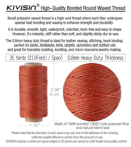 KIVISIN 12 Round Waxed Thread 0.8mm | Durable Leather & Jewelry Cord for Crafts thumbnail 3