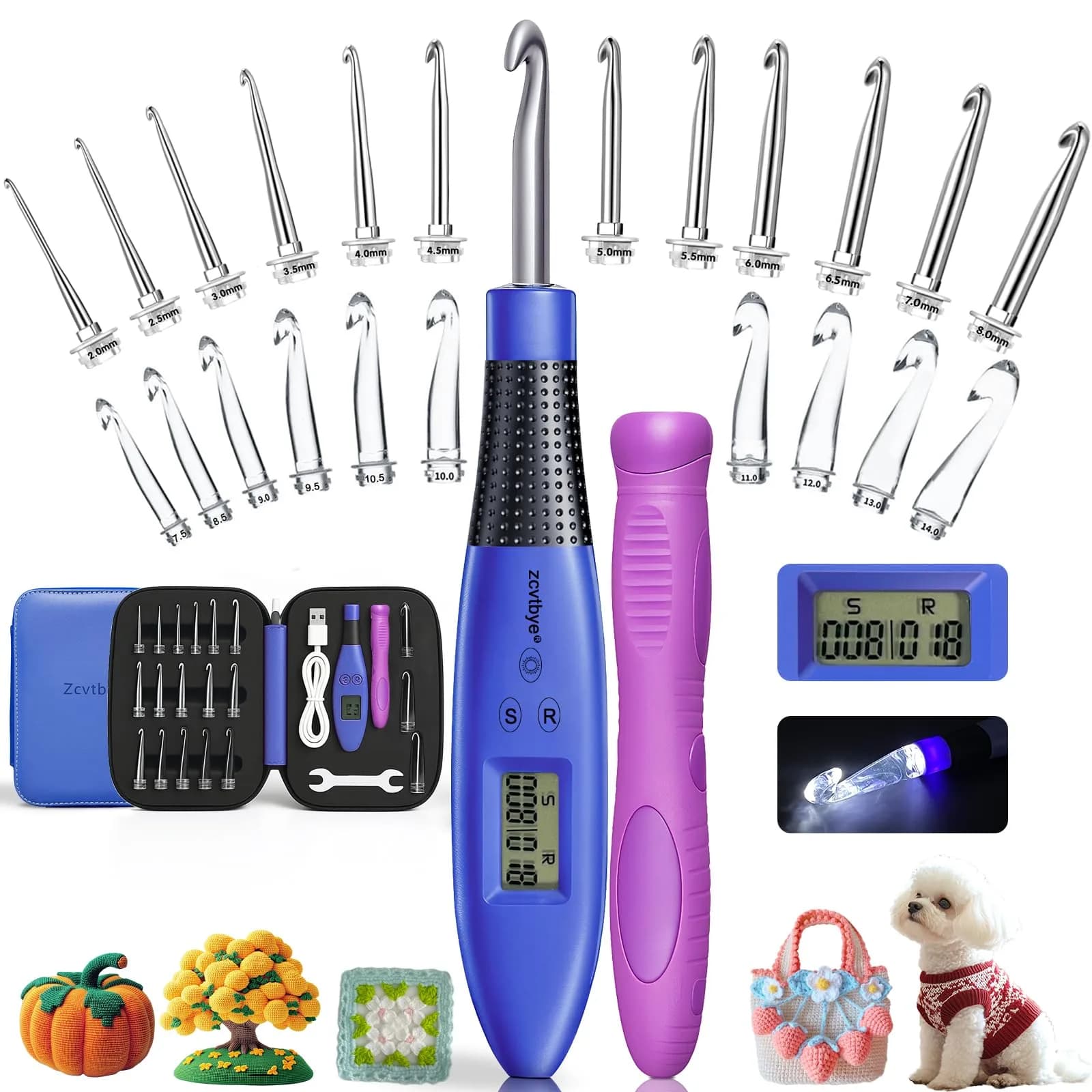 Zcvtbye Light Up Crochet Hooks Set, 22 Sizes with Digital Counters & LED Light | Ergonomic & Rechargeable - main product image