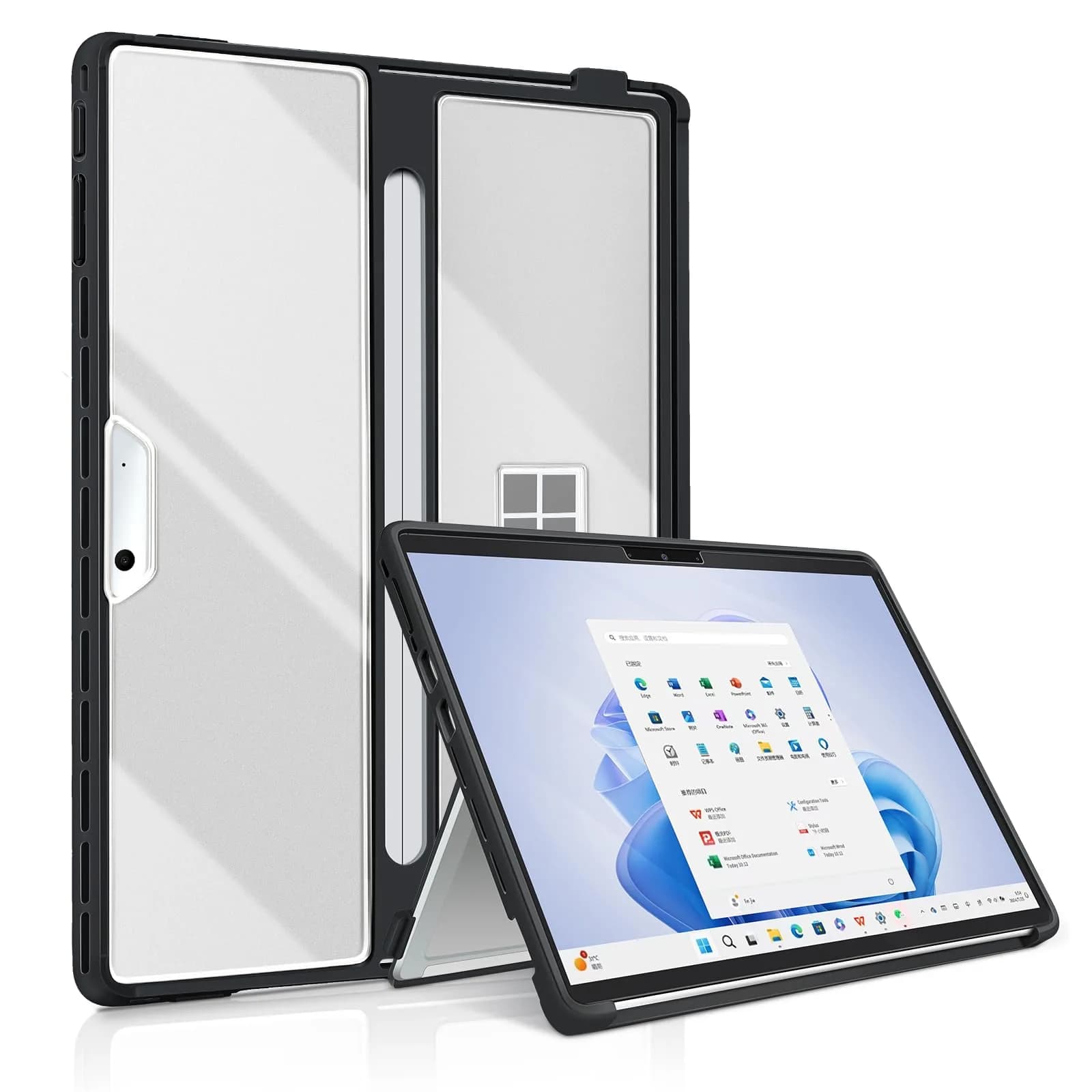 TALTAW Case for Microsoft Surface Pro 11/10/9/8 13-Inch | Rugged All-in-One Transparent Cover with Kickstand — black