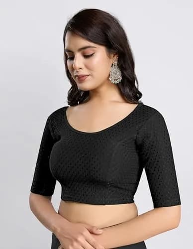TRENDMALLS Dobby Cotton Stretchable Saree Blouse Black XL | Ready-to-Wear, Elbow Sleeve, Round Neck thumbnail 4