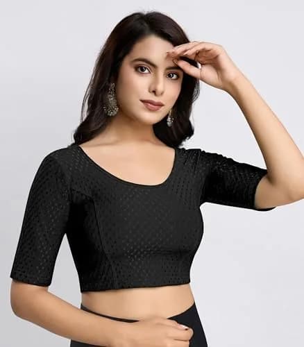 TRENDMALLS Dobby Cotton Stretchable Saree Blouse Black XL | Ready-to-Wear, Elbow Sleeve, Round Neck thumbnail 5