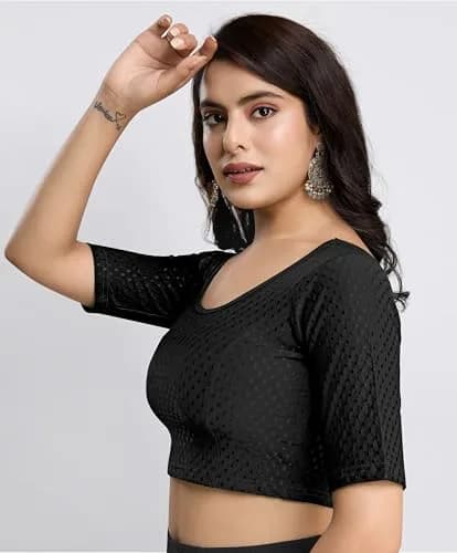 TRENDMALLS Dobby Cotton Stretchable Saree Blouse Black XL | Ready-to-Wear, Elbow Sleeve, Round Neck thumbnail 7