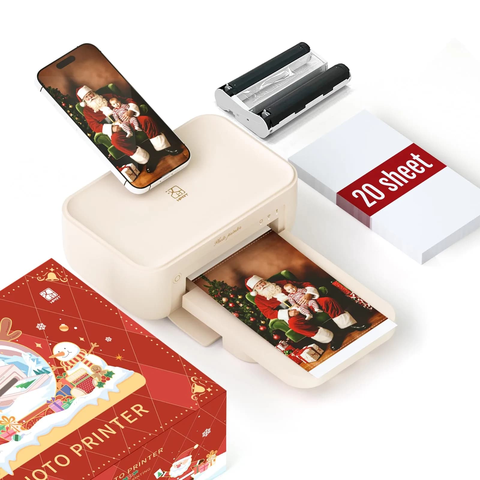 HPRT Photo Printer 4x6 | Portable Wireless Photo Printer for iPhone & Android, 20 Sheets & Ribbon, CP4100 — Christmas Printer+20sheets