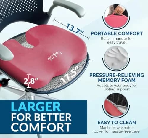 ComfiLife Gel Memory Foam Seat Cushion with Cooling Gel Layer - Ergonomic U-Shape for Back & Sciatica Relief - Pink, 44cm (17.5") thumbnail 5