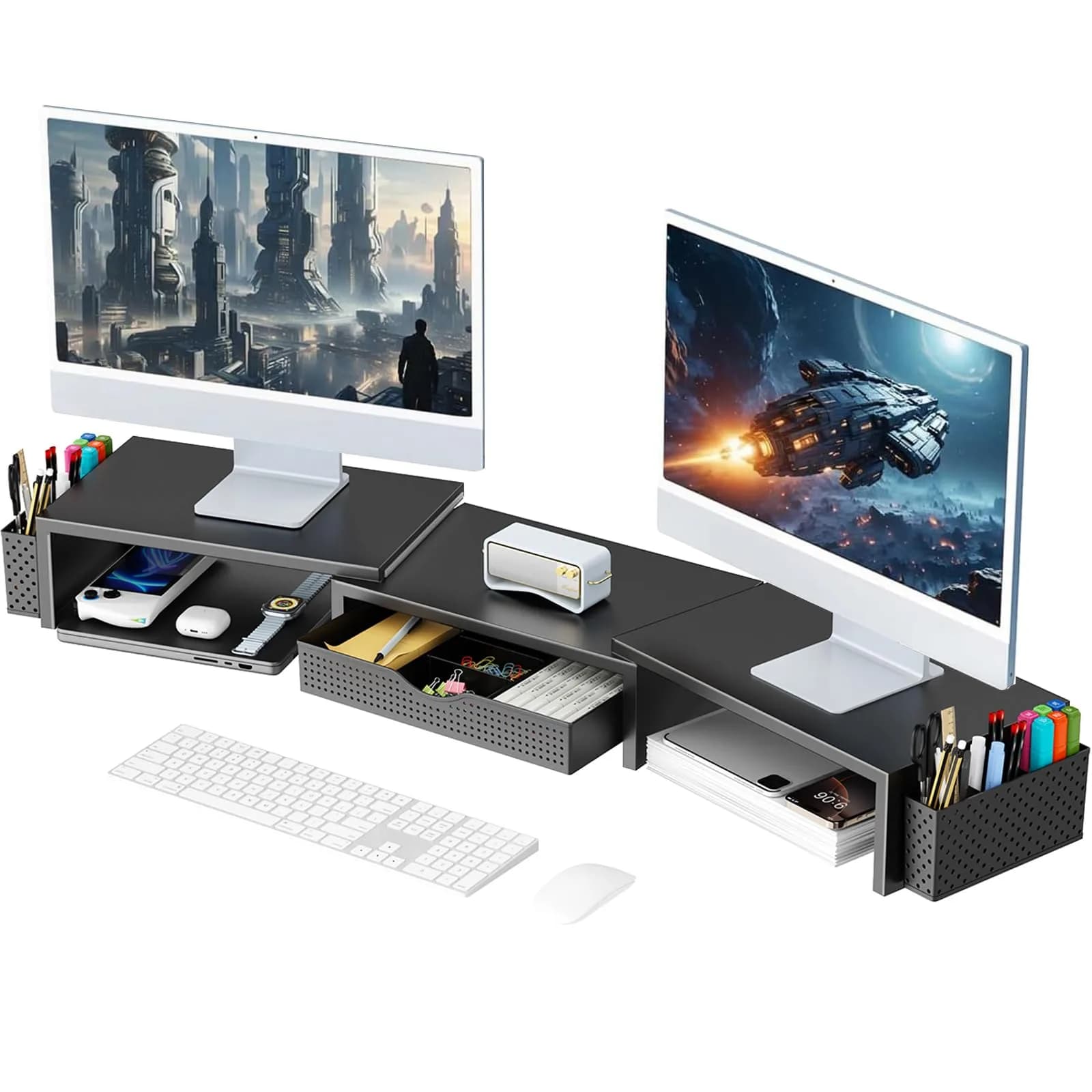 gianotter Dual Monitor Stand Riser with Drawer and Pen Holders, Black | USPTO Patented Organizer - main product image