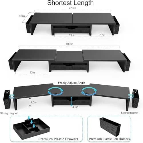 gianotter Dual Monitor Stand Riser with Drawer and Pen Holders, Black | USPTO Patented Organizer thumbnail 6