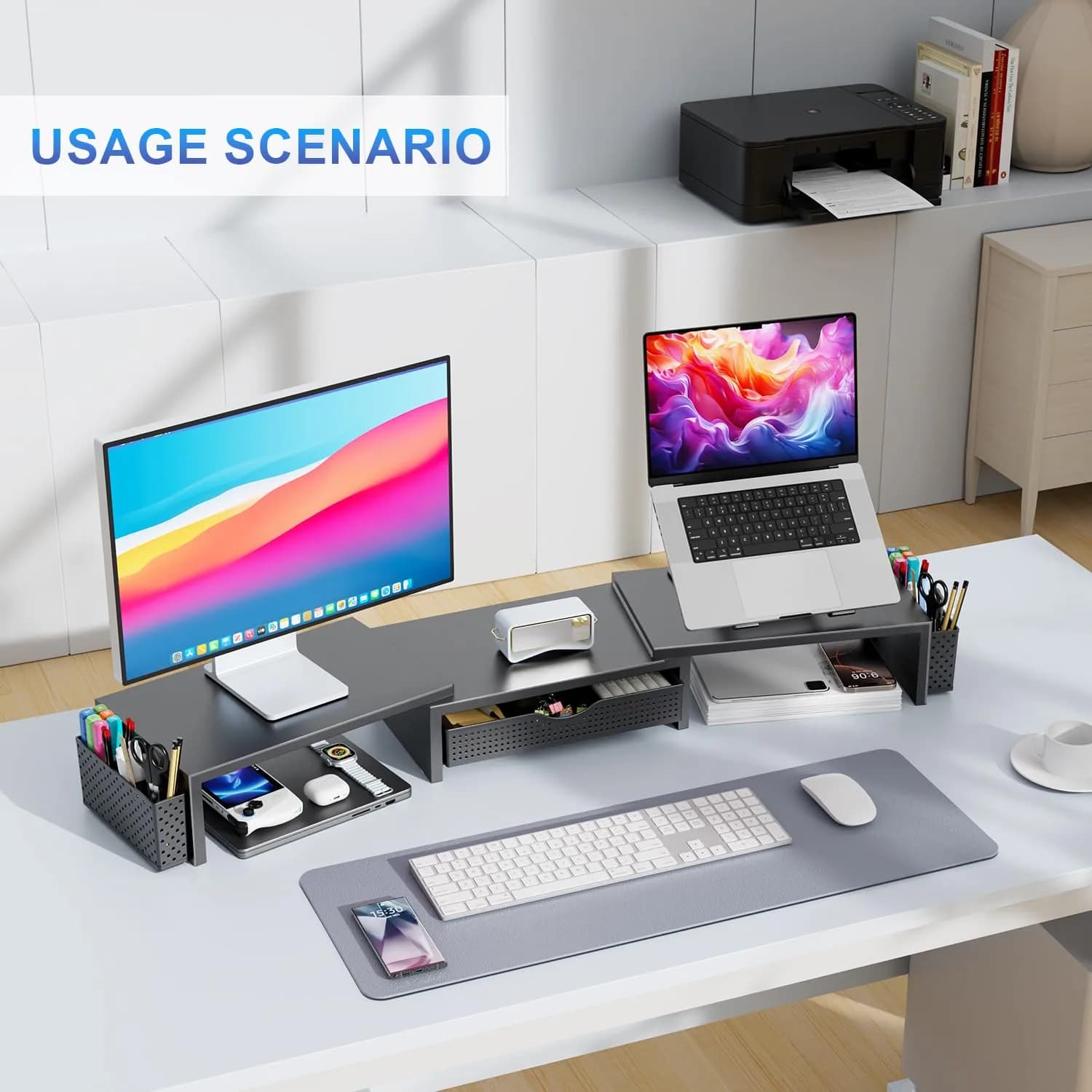 gianotter Dual Monitor Stand Riser with Drawer and Pen Holders, Black | USPTO Patented Organizer - view 4